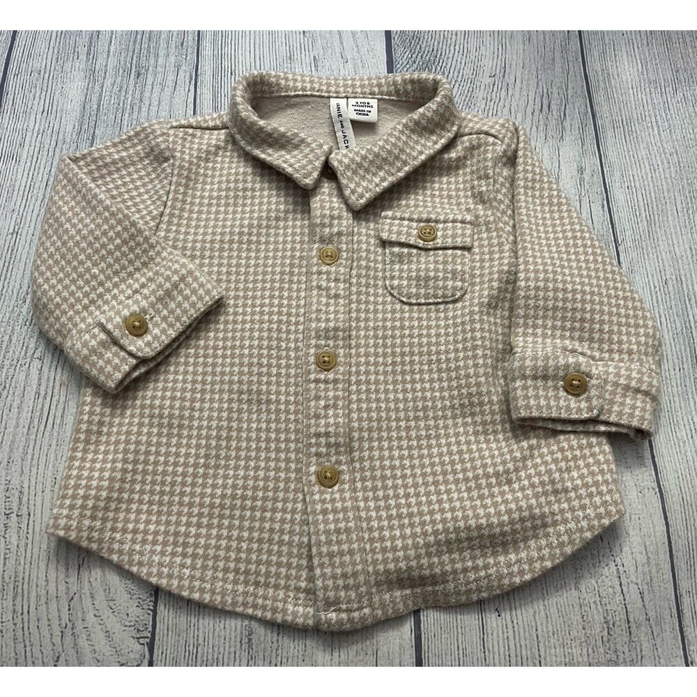 Janie & Jack Tan Houndstooth Baby Boy Shirt & Pants Clothes Set, Size 3-6 months - Picture 2 of 7